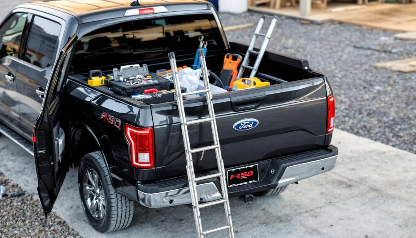 A Ford F-150 truck is parked in a work setting, showcasing a cargo box filled with various tools and equipment. The truck features a spacious bed, ideal for hauling larger items, highlighting the versatility and cargo management options of the Ford F-150 bed sizes.