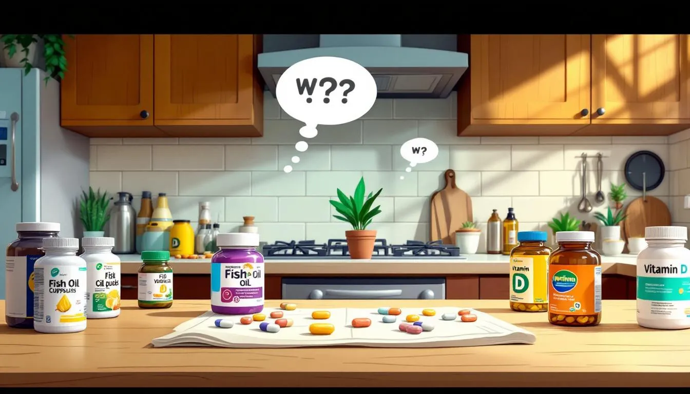 An assortment of popular supplements, including fish oil and vitamin D, displayed on a kitchen counter.