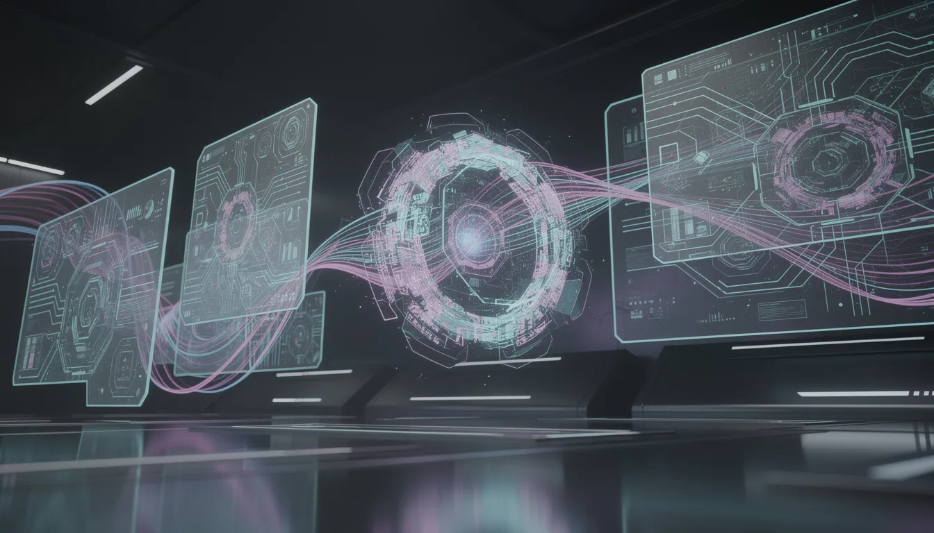 The image depicts a futuristic workspace filled with advanced AI-powered tools and technology, showcasing elements like visual development interfaces and collaborative coding environments. It highlights the seamless integration of backend logic for building complex web apps, emphasizing features such as real-time collaboration and no code app creation for non-technical founders.