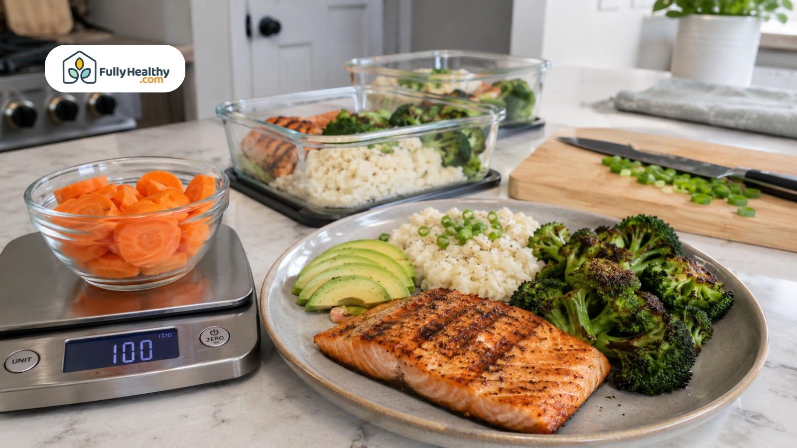 Keto salmon plate with broccoli, cauliflower rice, avocado, and weighed carrot slices