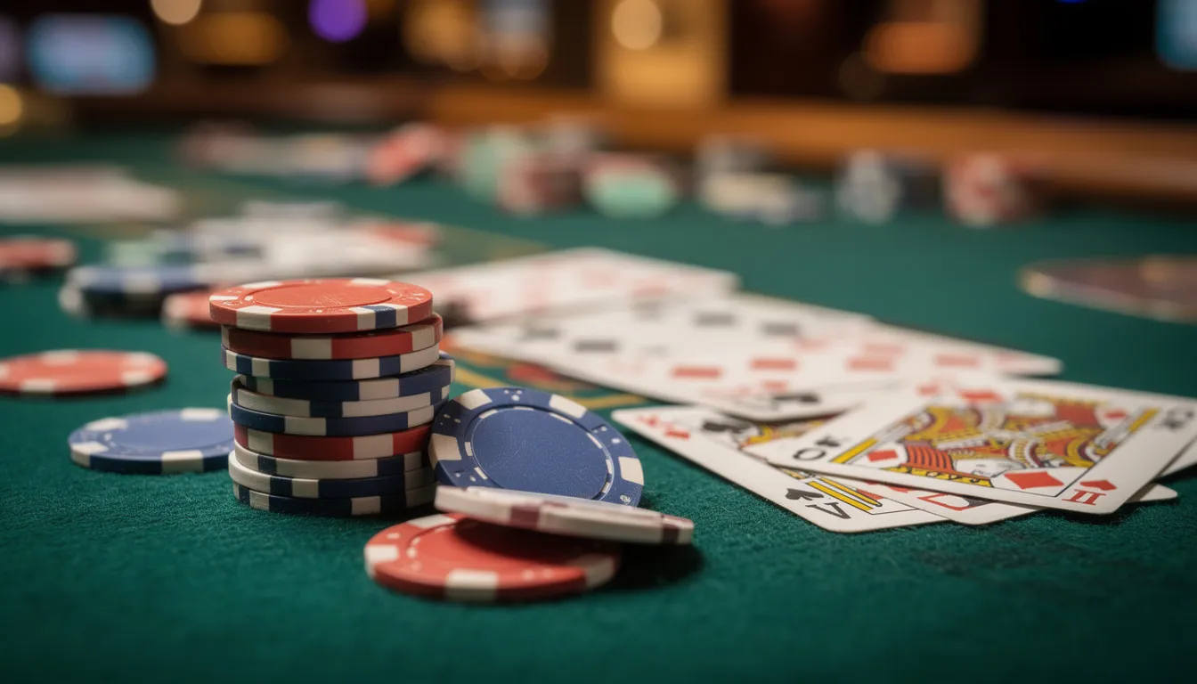 En grön spelbord med olika casinokort och färgglada pokerchips ligger utspridda. Denna bild fångar känslan av ett livligt casino där spelare kan njuta av klassiska casinospel och kanske även vinna med hjälp av bonusar och free spins.