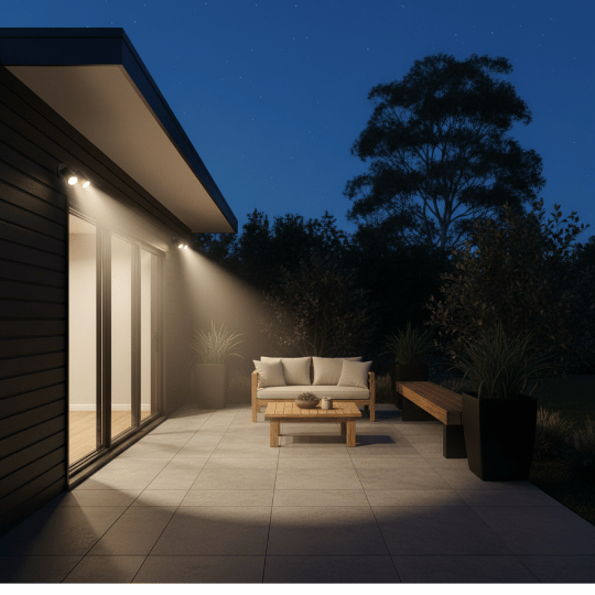 Adjustable twin-head outdoor spotlight mounted under eaves.