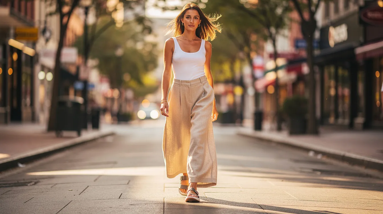 A woman is walking on a sunny city street, dressed in beige linen wide-leg trousers paired with a fitted white tank top, exemplifying effortless elegance for her summer wardrobe. The light, breathable fabric of her linen trousers drapes beautifully, making it a stylish choice for hot weather outings.