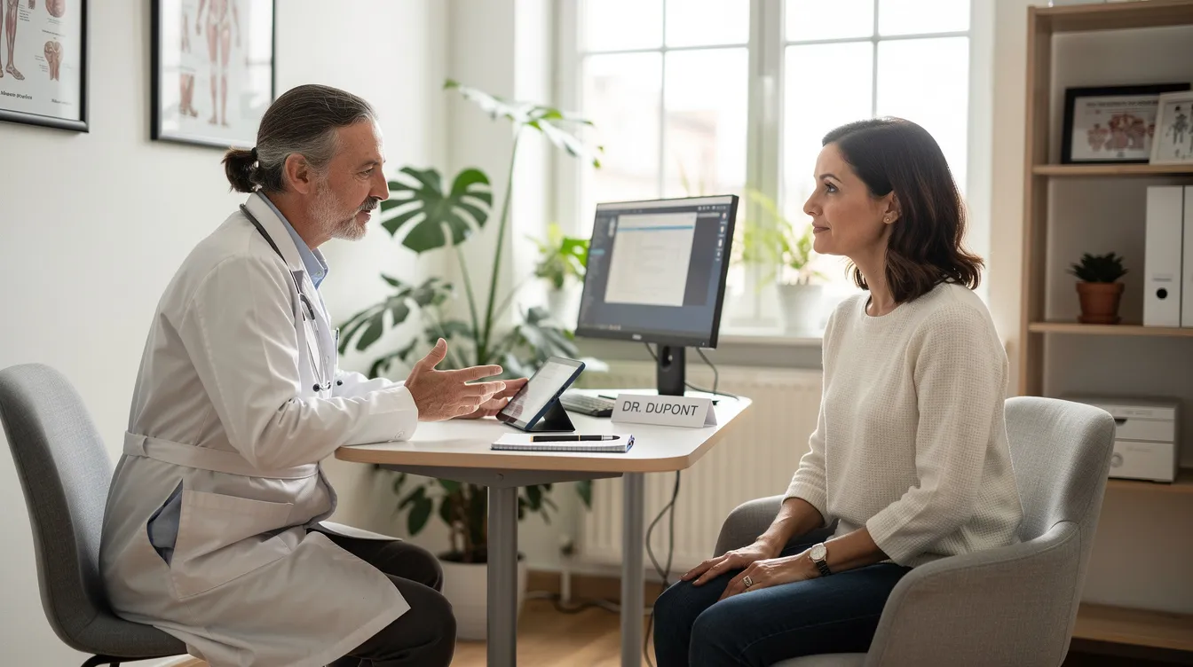 Une femme est assise dans un cabinet médical lumineux, discutant avec un médecin sur des questions liées à son cycle menstruel et à l'ovulation. L'environnement est accueillant, propice à des échanges sur des sujets tels que la fertilité et les chances de tomber enceinte.