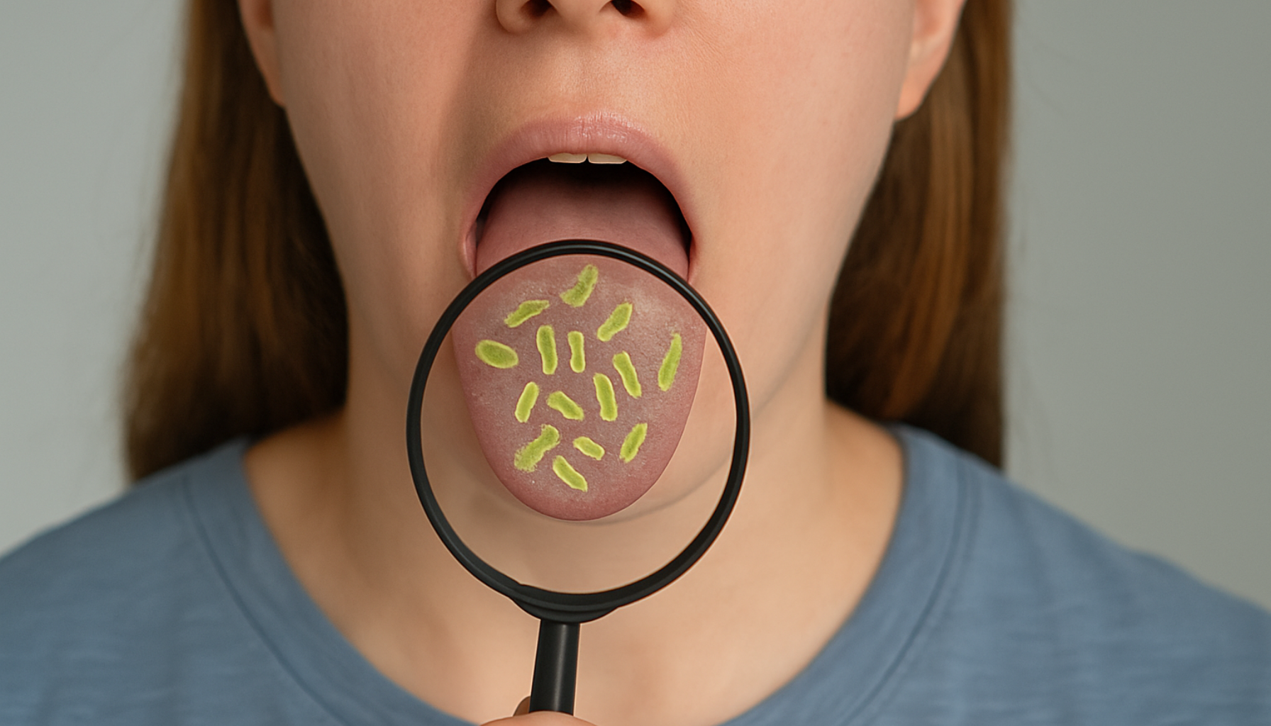 En person viser tungen sin med et forstørrelsesglass som avslører synlige bakterier på overflaten under nøytral belysning.