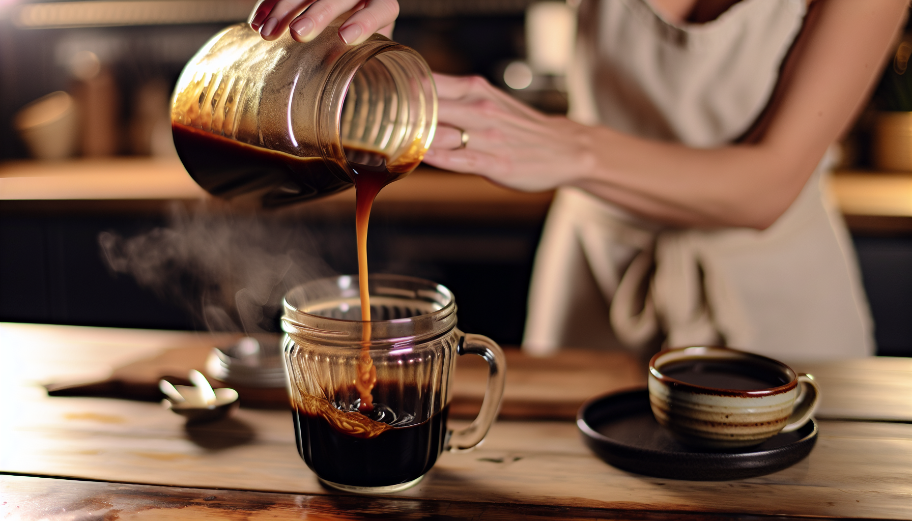 Chai syrup being poured into a cup of coffee