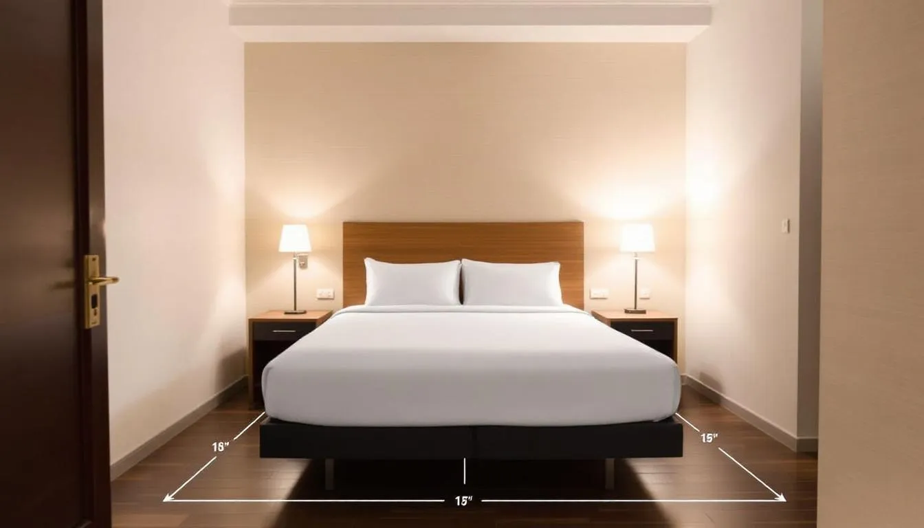 A spacious hotel room features a king size bed with ample clearance space around it, creating a comfortable and inviting atmosphere for guests. The room is designed to accommodate two people, offering a perfect blend of luxury and functionality.