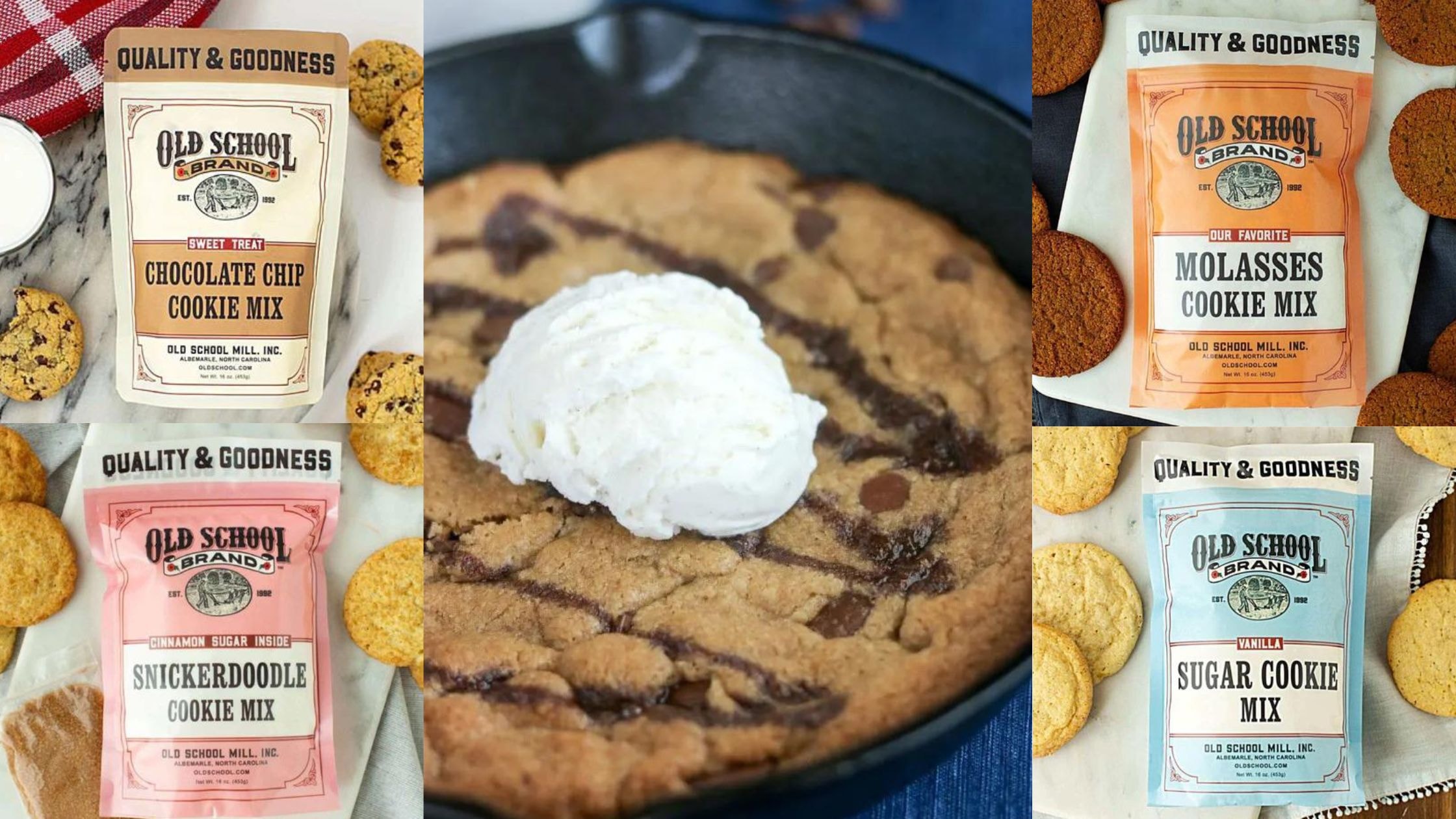 Skillet Cookie with Icecream - chocolate chip, snickerdoodle, molasses, and sugar cookie mixes