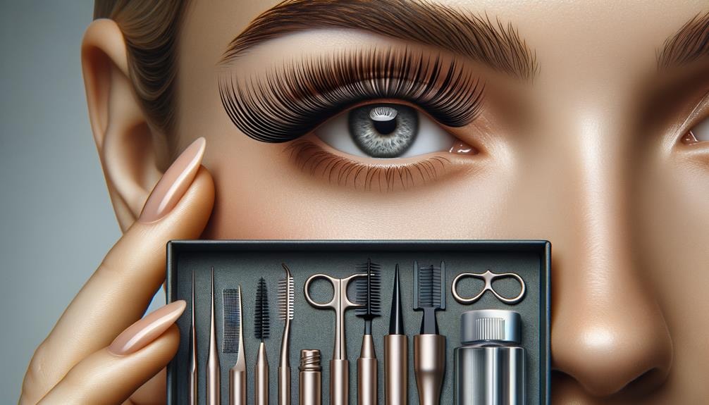 A vibrant young woman in her 20s, meticulously applying eyelash care products, with a variety of age-specific items for lash care displayed around her.