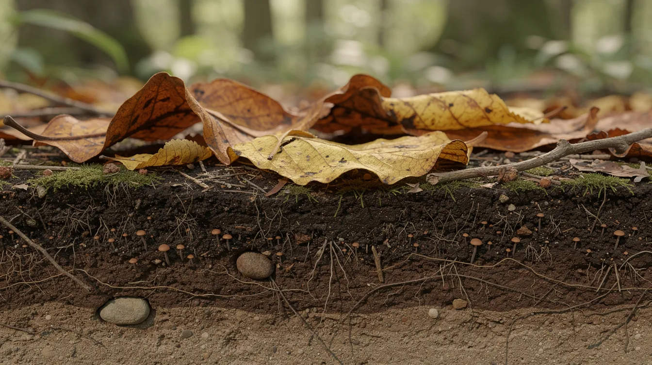 The image depicts decomposing leaves scattered across a forest floor, revealing distinct layers of soil underneath. This natural setting provides a habitat for various woodlice species, such as the common pygmy woodlouse and common striped woodlouse, which thrive in damp places and play a crucial role in the ecosystem by aiding in the decomposition of organic matter.