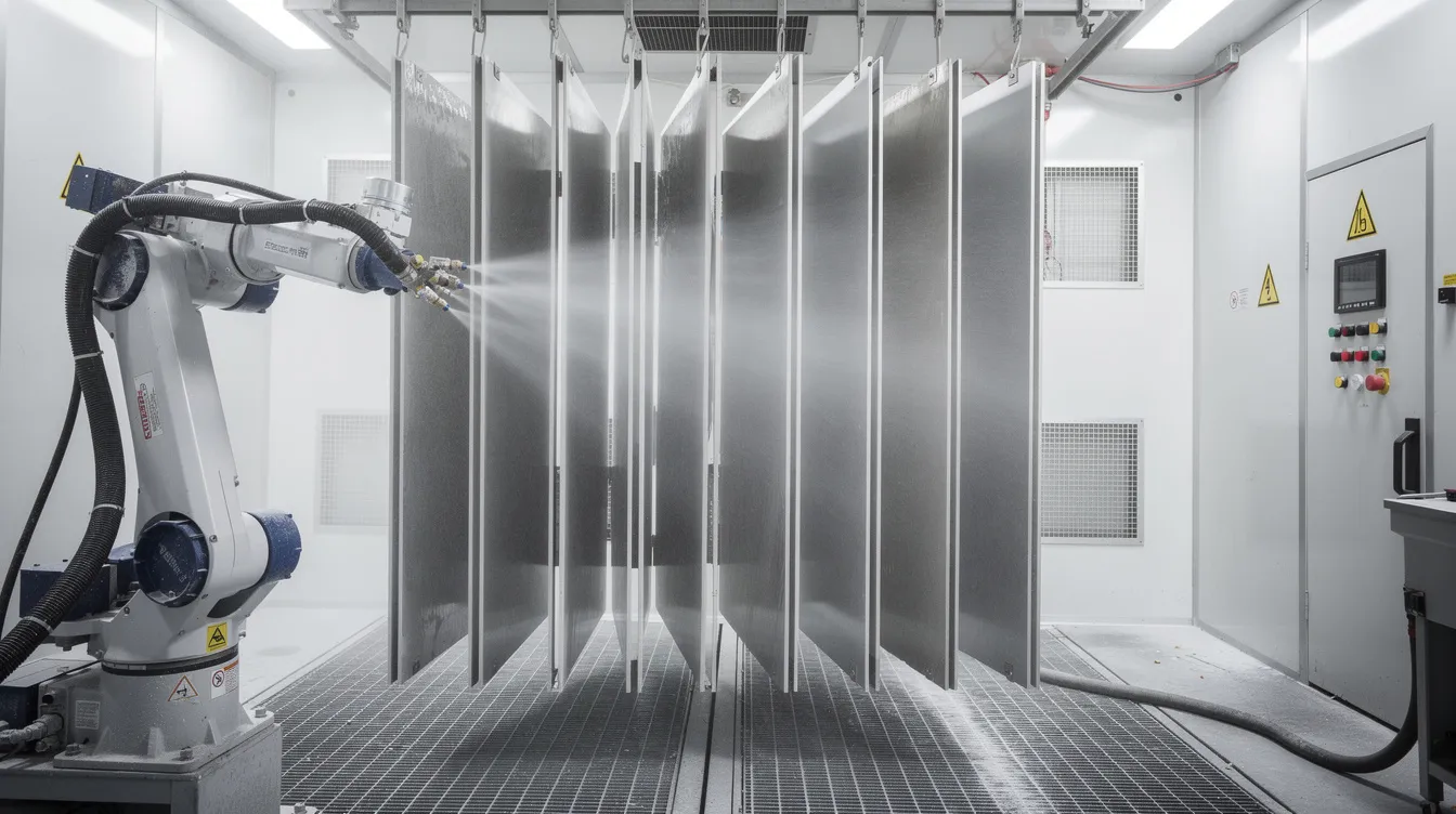 An industrial spray painting booth features aluminum sheets being coated with spray paint by an automated sprayer system, ensuring a quality finish with excellent corrosion resistance. The process involves applying a self-etching primer followed by a top coat for optimal protection.