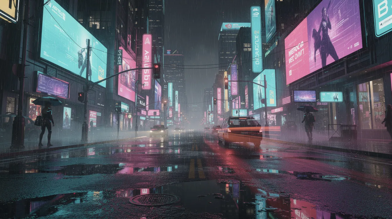 The image depicts a neon-lit futuristic city street, drenched in rain, with vibrant reflections illuminating the wet pavement. This sci-fi scene evokes the chilly bleakness often found in Stanley Kubrick's vision, reminiscent of films like "Blade Runner" and "Ex Machina," where technology and humanity intersect in a complex narrative.