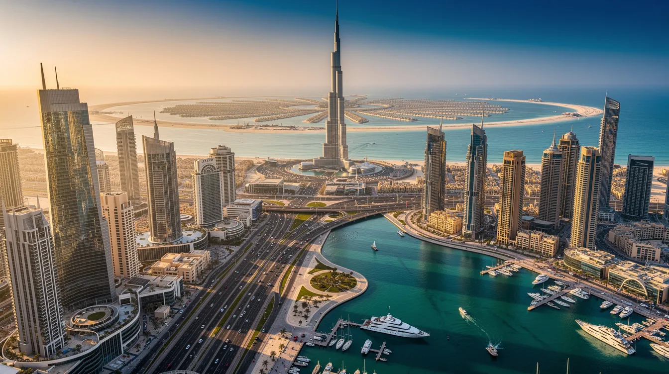 A imagem mostra o icônico Burj Al Arab em Dubai, um luxuoso hotel em forma de vela, situado à beira do Golfo Pérsico, com uma vista deslumbrante das praias de Jumeirah. O Burj Al Arab é conhecido por seus serviços de alta qualidade e experiências exclusivas, como o restaurante Al Muntaha e o Sky View Bar.