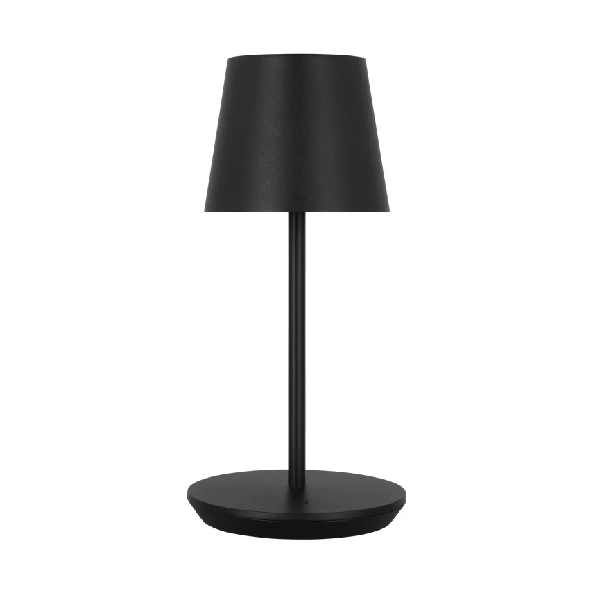 Nevis Short Accent Rechargeable Table Lamp in black finish, offering multifunctional lighting with a soft glow that mimics natural light.