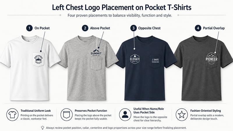 Left chest logo placement options on pocket T-shirts
