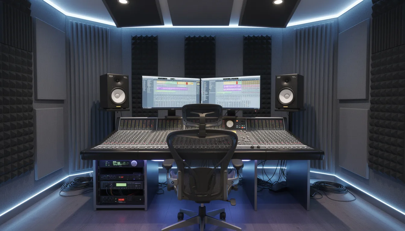 The image depicts a professional music production studio featuring large audio monitors, a comprehensive mixing console, and sound-absorbing acoustic treatment on the walls, creating an ideal environment for music producers to enhance their skills in sound engineering and music production. This setup is perfect for students enrolled in music production courses, providing them with the tools needed to learn and create high-quality audio projects.