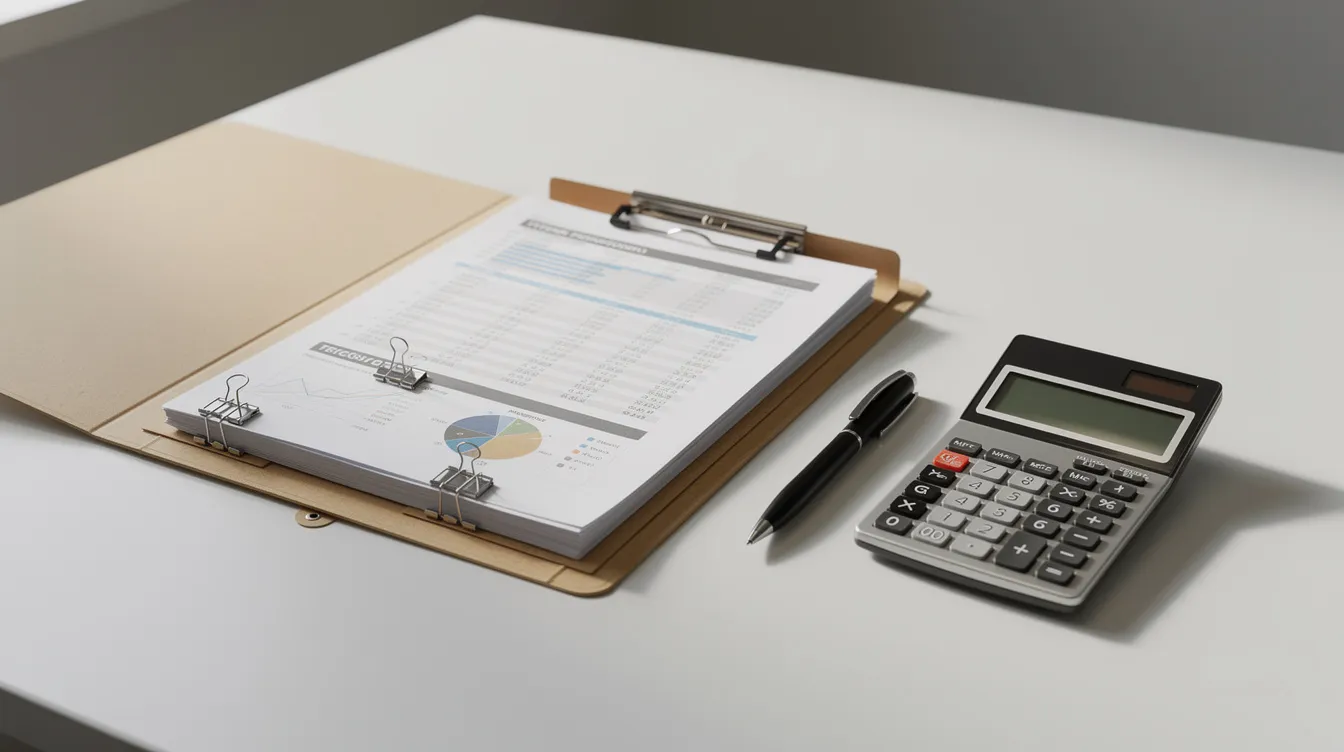 The image shows a neatly organized file folder containing various business documents, including a loan application form and bank statements, alongside a calculator, highlighting the essential financial documents required for securing a business loan or mudra loan. This setup reflects the meticulous preparation needed for financial assistance in small enterprises.