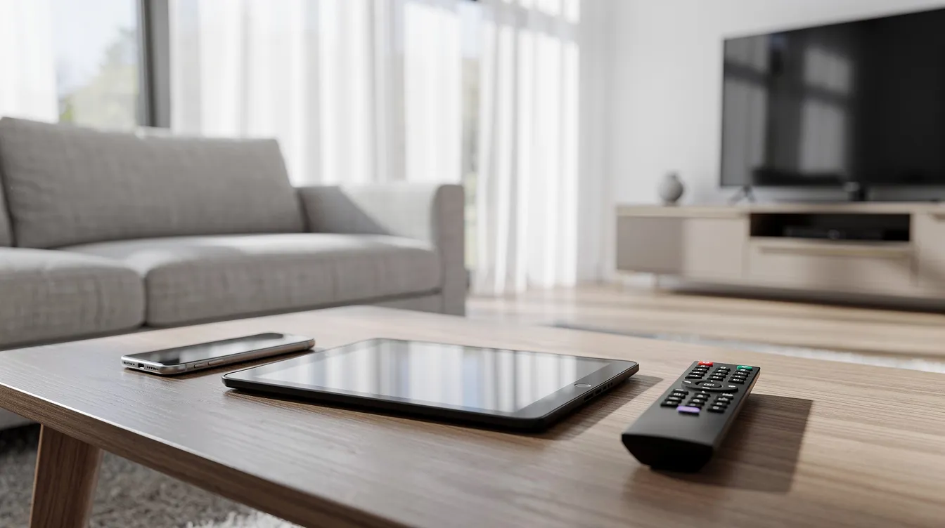 L'image montre plusieurs appareils modernes disposés sur une table dans un salon lumineux, incluant une tablette, un smartphone et une télécommande de télévision. Ces appareils sont idéaux pour profiter des services IPTV en France, offrant un accès à des chaînes TV en haute qualité, des films et des séries en streaming.