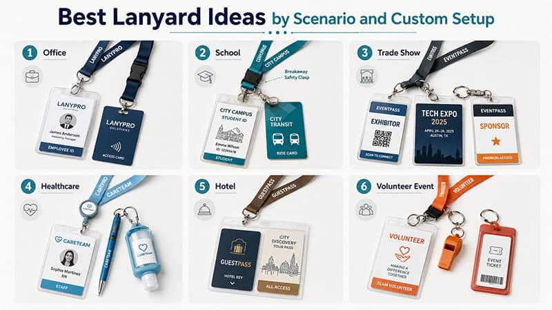 Best lanyard ideas by scenario, including office, school, trade show, healthcare, hotel, and volunteer events.