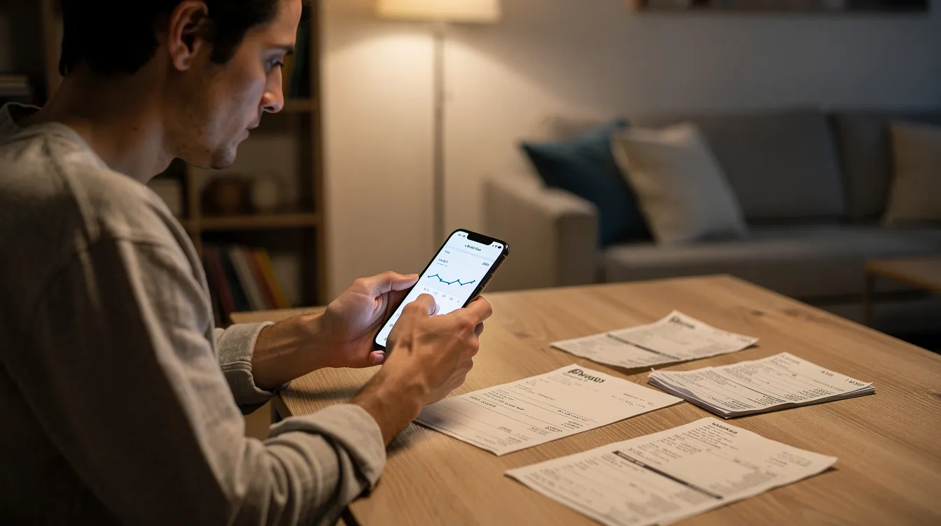 A person is sitting at home, checking financial documents on their phone, possibly reviewing their credit rating and personal credit report. The scene suggests a focus on managing finances, including aspects like credit scores and loan applications.