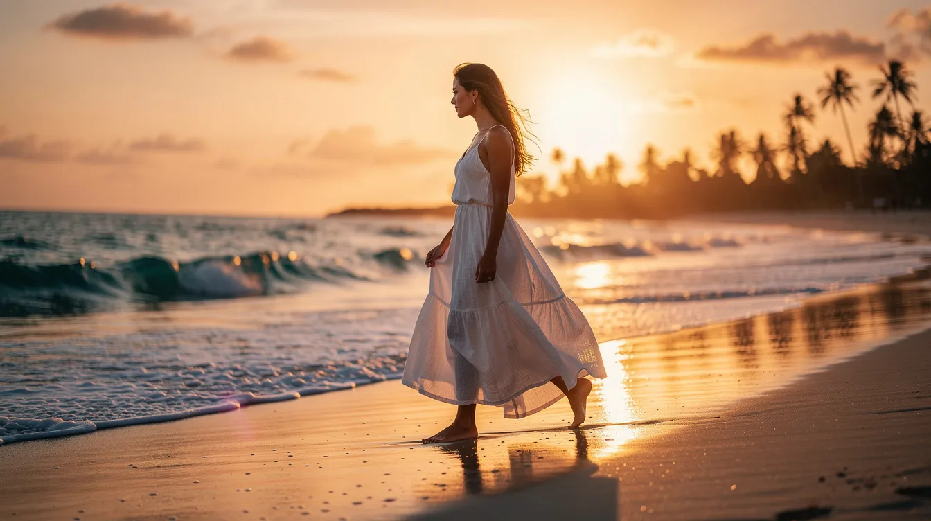 A woman in a flowing white cotton dress strolls along a sunlit tropical beach during golden hour, embodying the essence of a perfect beach vacation. She enjoys the warm sand beneath her feet, showcasing a serene moment ideal for a beach trip packing list.