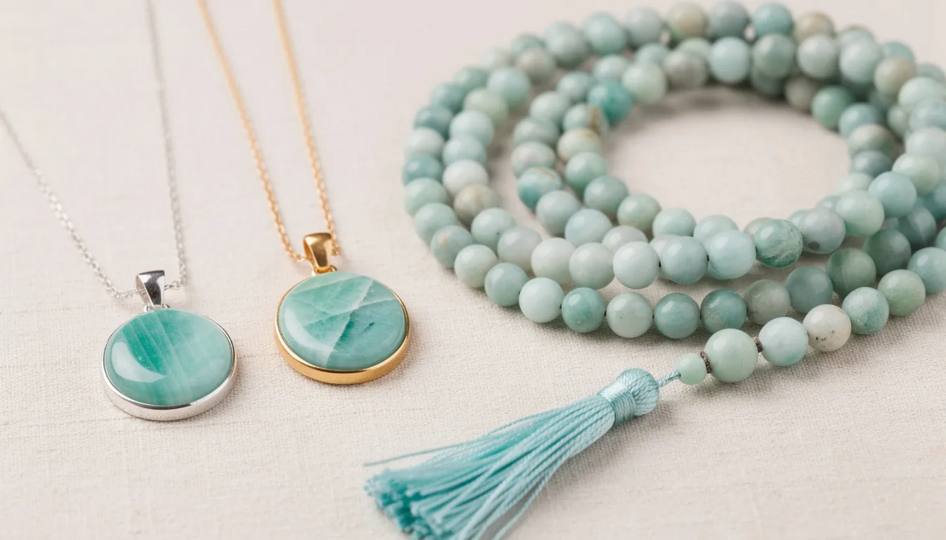The image showcases two styles of amazonite necklaces: a pendant necklace featuring a vibrant blue-green amazonite stone set in sterling silver, and a traditional mala bead necklace made up of 108 amazonite beads, designed for meditation and promoting calming energy. Both pieces highlight the beauty and unique qualities of this semi-precious gemstone, making them perfect additions to any amazonite jewellery collection.