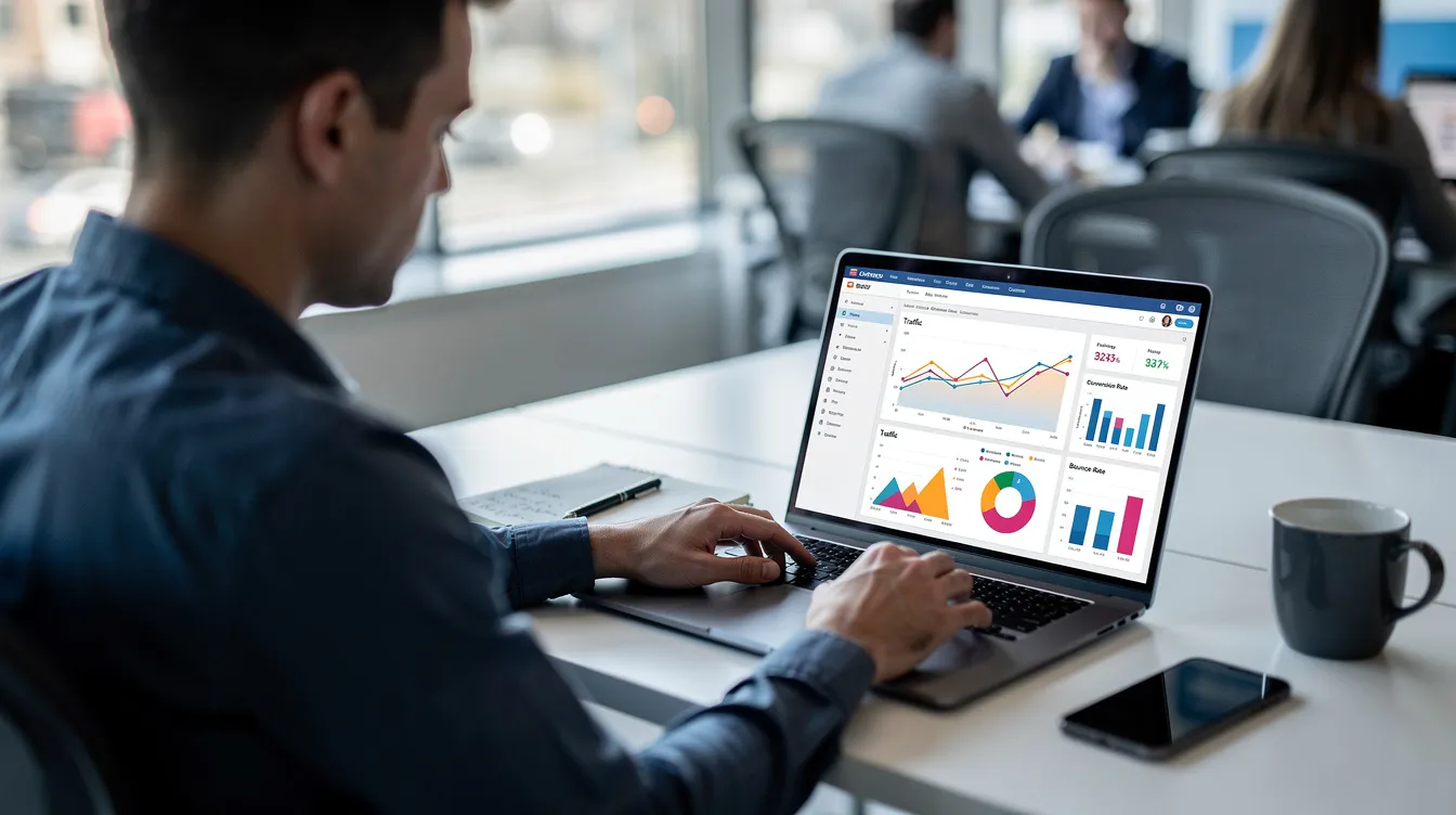 A marketing team member is intently analyzing website performance data on a laptop, focusing on core web vitals metrics that influence search engine rankings. This analysis helps site owners improve their website's speed and visual stability, ultimately enhancing the user experience and boosting SEO performance.