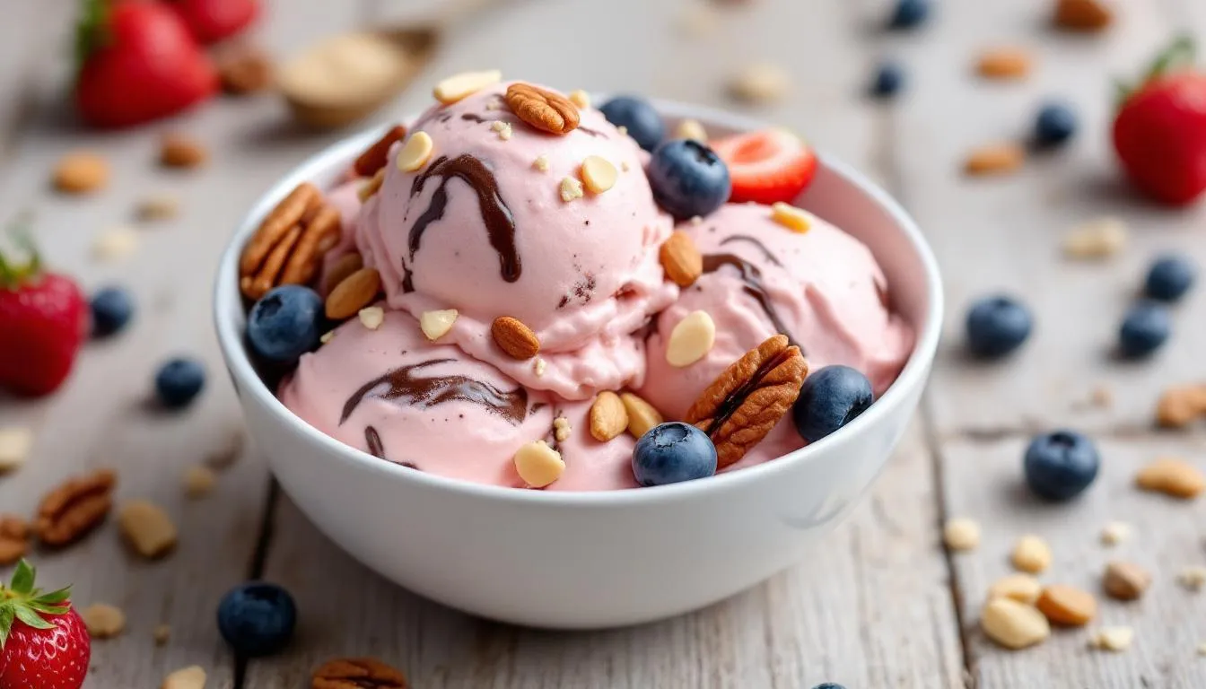A colorful bowl of keto ice cream is filled with a creamy texture and topped with an assortment of nuts and fresh berries, highlighting the delicious flavors of this low-carb frozen dessert. This tasty treat is perfect for those following a keto diet, offering a delightful alternative to regular ice cream.