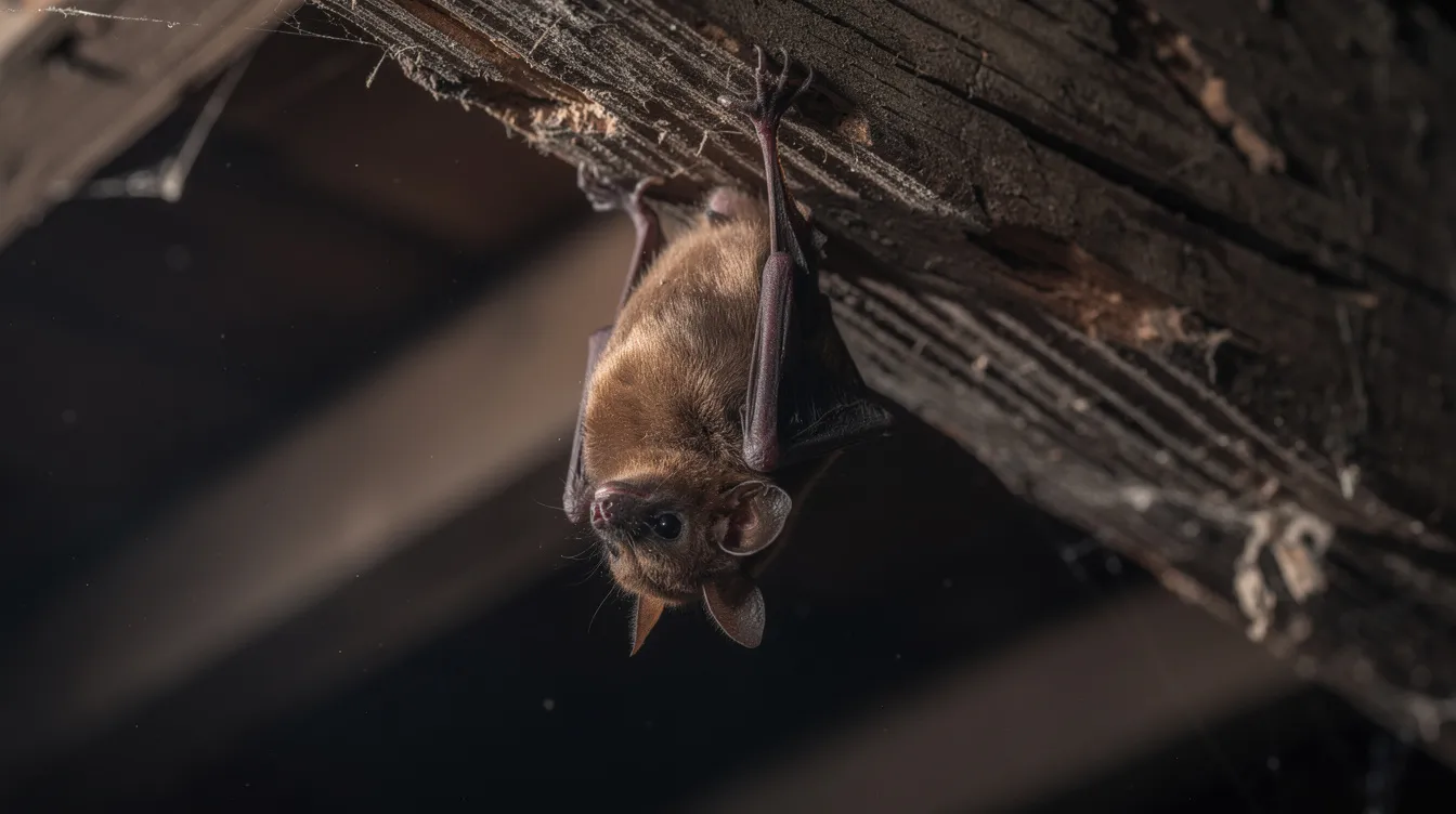 A small brown bat clings to a wooden attic rafter, illuminated by dim light, showcasing its delicate wings and furry body. This close-up highlights the presence of wildlife in urban settings, emphasizing the importance of humane bat removal services for home and business owners facing wildlife intrusions.