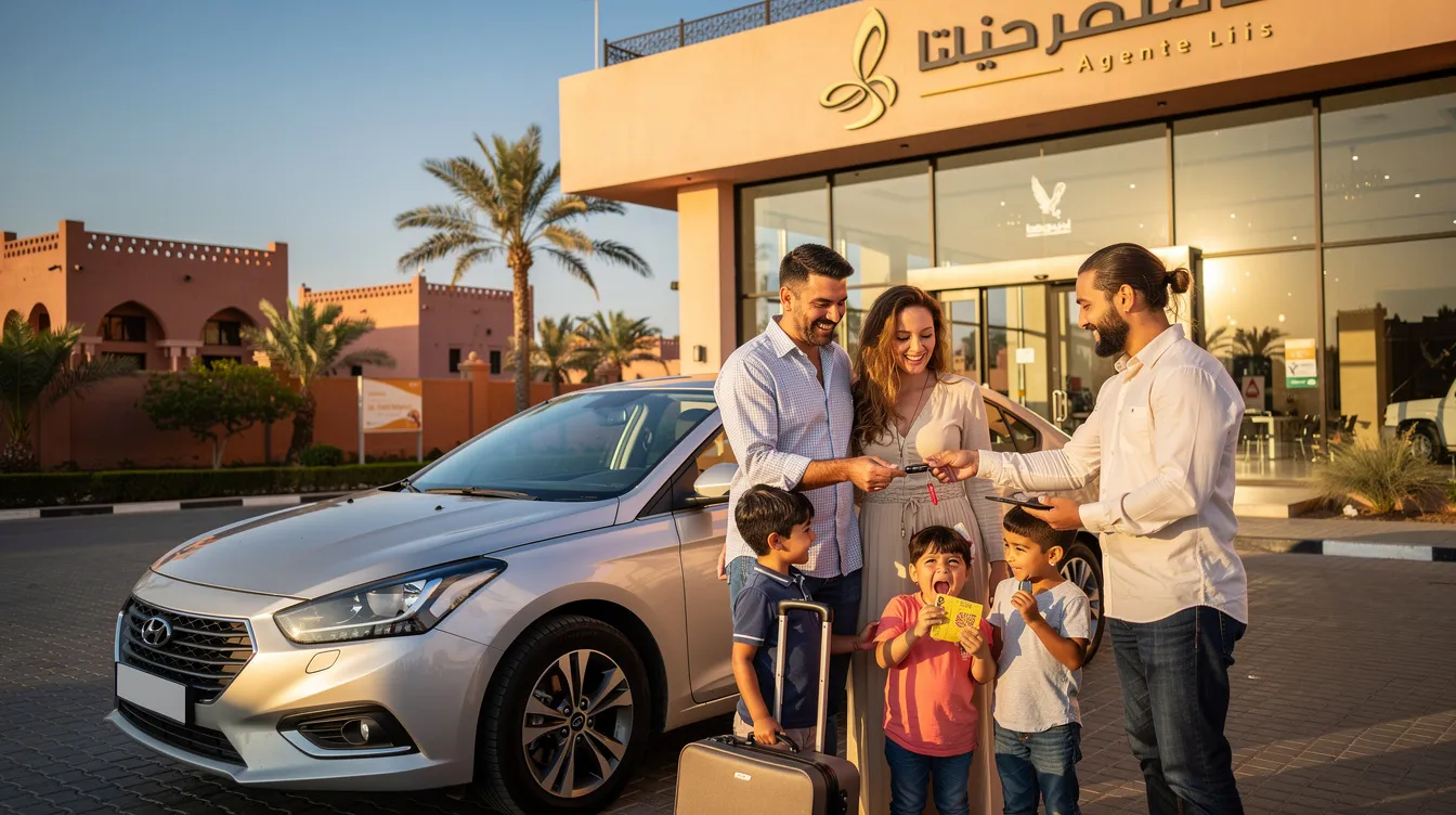 Une famille souriante se tient devant une agence de location de voiture au Maroc, tenant des clés de véhicule fraîchement récupérées. L'ambiance est joyeuse, reflétant l'excitation de leur prochaine aventure en voiture.