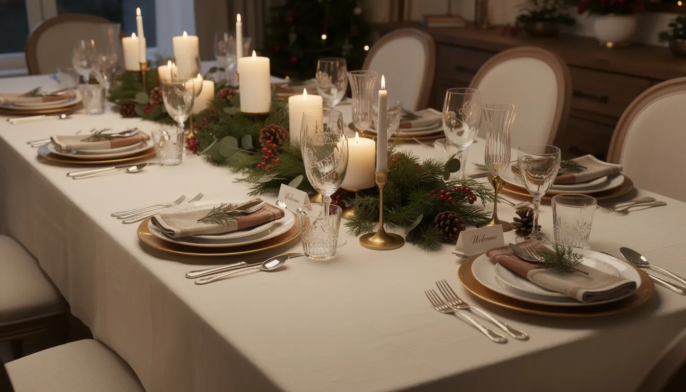 The image features a beautifully set extendable dining table in a warm dining area, adorned with elegant place settings, flickering candles, and lush greenery, creating an inviting atmosphere for a holiday dinner. This setup showcases the table's versatility and functionality, perfect for accommodating extra guests during special occasions.