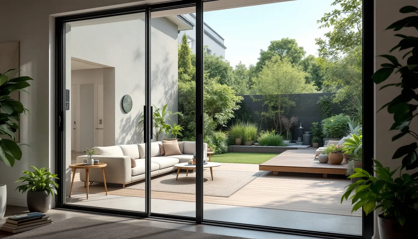 Das Bild zeigt moderne Kunststoff-Terrassentüren, die vom Wohnzimmer aus in den Garten auf die Terrasse führen. Die Türen sind großzügig verglast und ermöglichen einen freien Blick ins Freie, während sie gleichzeitig den Wohnraum mit Tageslicht durchfluten.