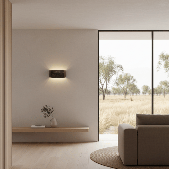 Japandi-style wall sconce with a sleek, dark wooden design, softly illuminating a minimalist living space with a large window showcasing a serene, natural landscape.