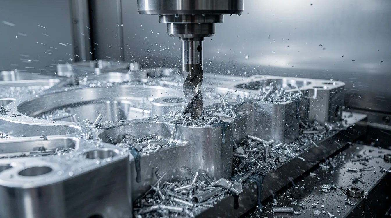 A close-up view of a 5-axis CNC milling machine actively cutting an aluminum aerospace bracket, with a fine spray of coolant to enhance the machining process. This precision machining technique showcases advanced CNC technology used for producing high-quality parts with tight tolerances in various industries, including aerospace.