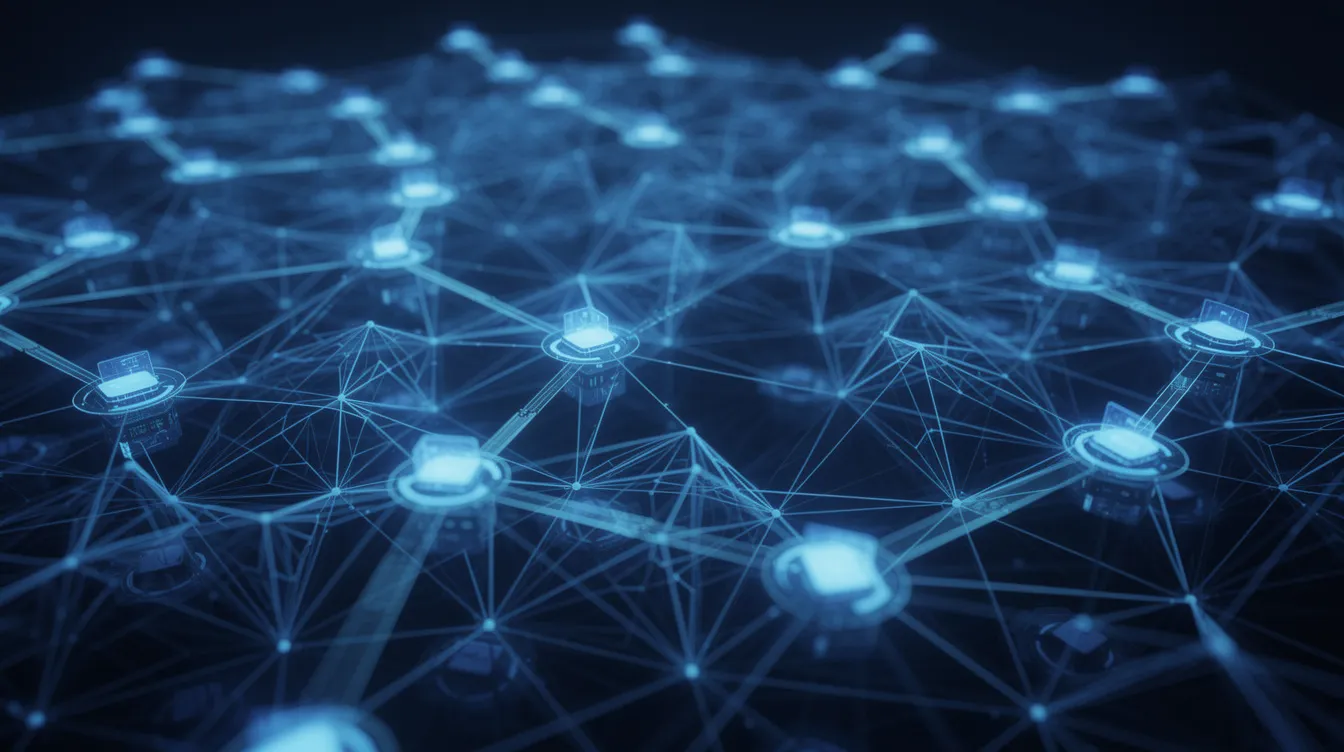 Das Bild zeigt mehrere miteinander verbundene Computerserver, die in einem blauen Netzwerk als leuchtende Knotenpunkte mit Verbindungslinien dargestellt sind. Diese visuelle Darstellung symbolisiert die Infrastruktur des Ethereum Netzwerks, das als open source blockchain netzwerk für dezentrale Anwendungen und Smart Contracts dient.