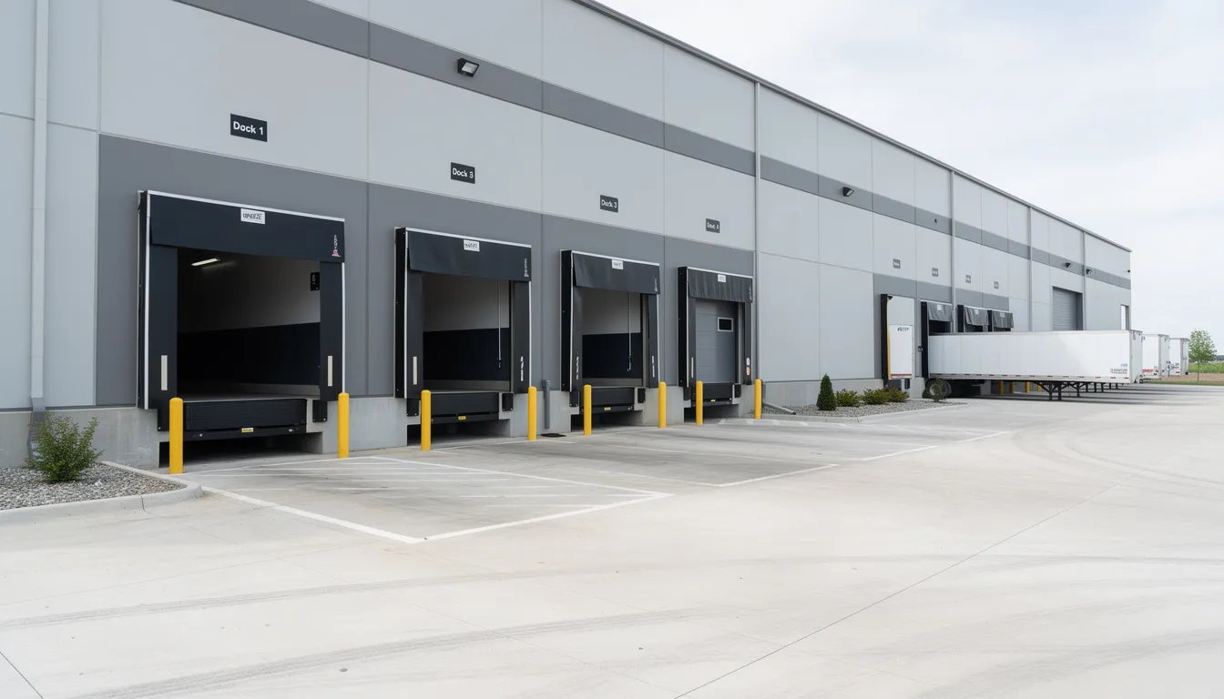 The image depicts a large industrial warehouse building featuring multiple loading docks, designed for commercial operations and logistics. This structure is essential for real estate investors and businesses seeking hard money loans to facilitate their commercial real estate ventures.