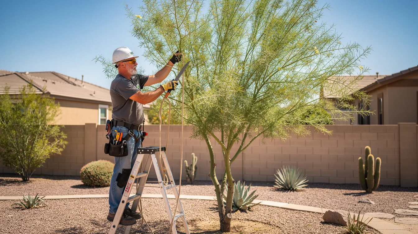 A professional arborist is seen skillfully trimming a desert tree in a sunny Arizona residential yard, ensuring proper tree care and promoting healthy growth. The expert tree service focuses on removing dead branches and enhancing the overall health and beauty of the tree, contributing to the curb appeal of the property.
