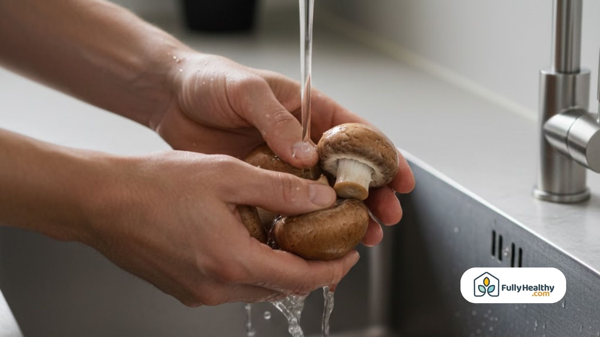Person rinsing cremini mushrooms under cold water.