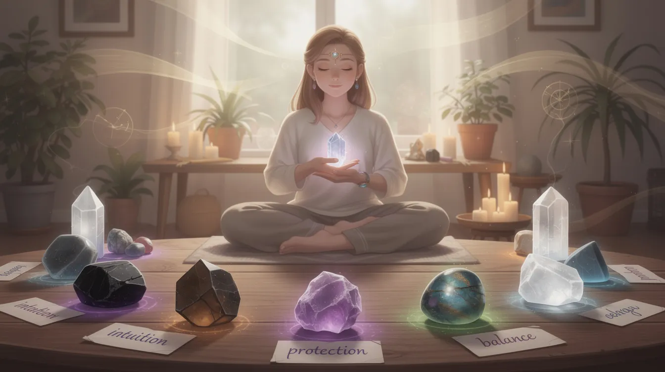 The image depicts a variety of beautiful crystals, including black tourmaline, rose quartz, and clear quartz, arranged on a soft cloth. These powerful stones are known for their healing properties, providing protection against negative energy and promoting emotional balance and spiritual growth.