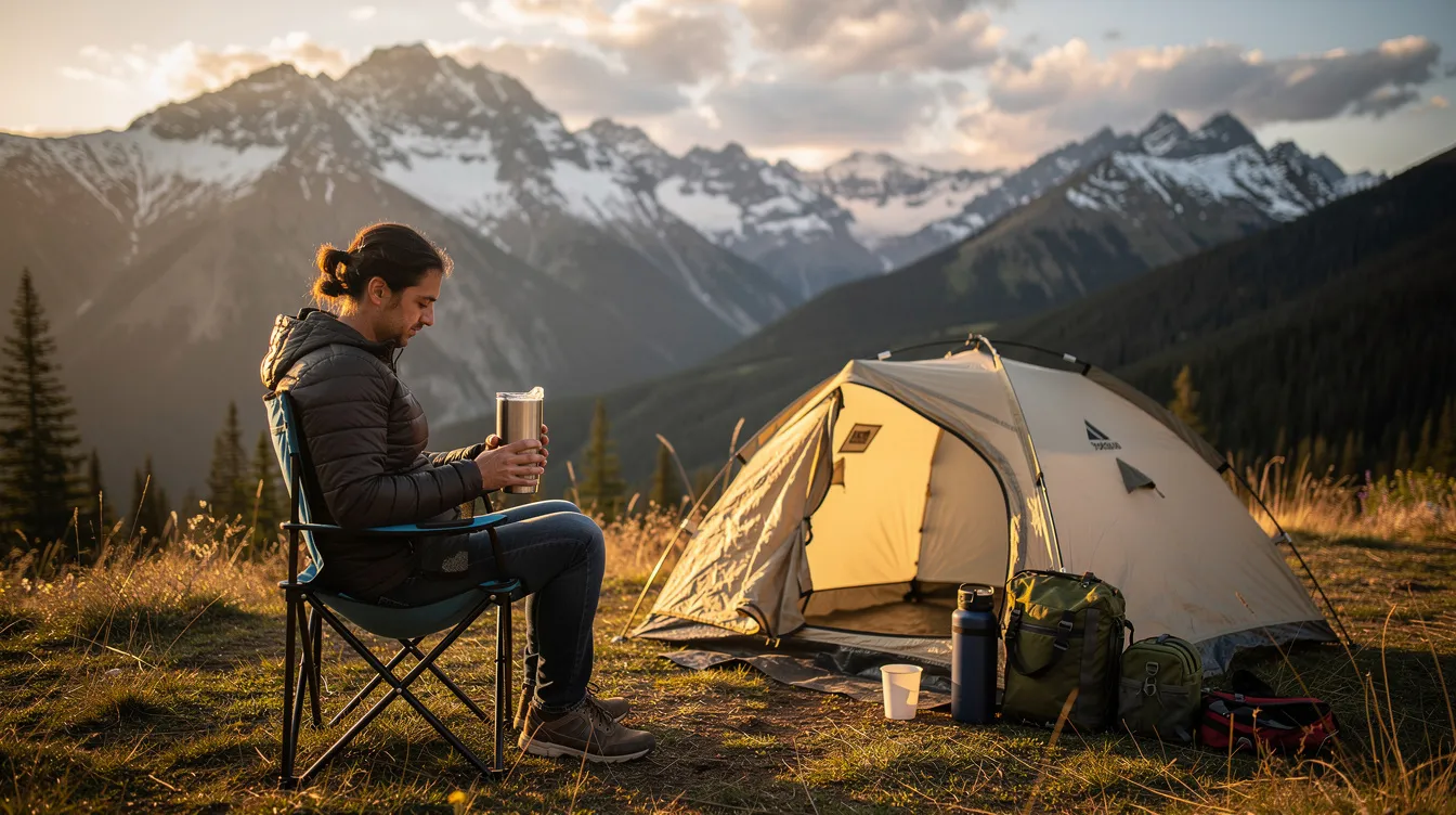 A person is sitting in a camp chair next to a tent, holding an insulated stainless steel tumbler designed to keep drinks cold, with majestic mountains in the background. The tumbler features a lid and is perfect for enjoying beverages during outdoor events.