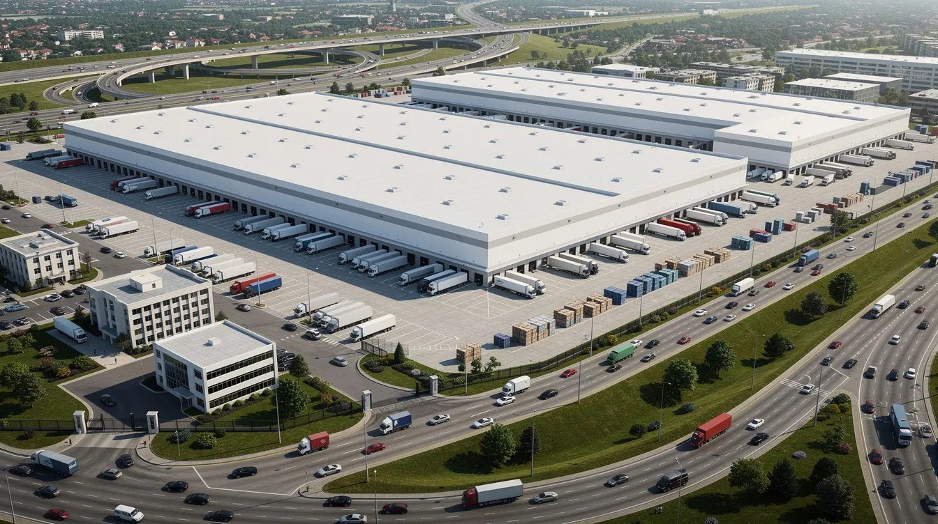 The image depicts a large warehouse and distribution center situated next to a highway interchange, showcasing modern manufacturing facilities that may contribute to clean energy projects and domestic content requirements. The expansive structure indicates a hub for logistics and possibly energy storage technology, reflecting investment in infrastructure projects and American manufacturing.