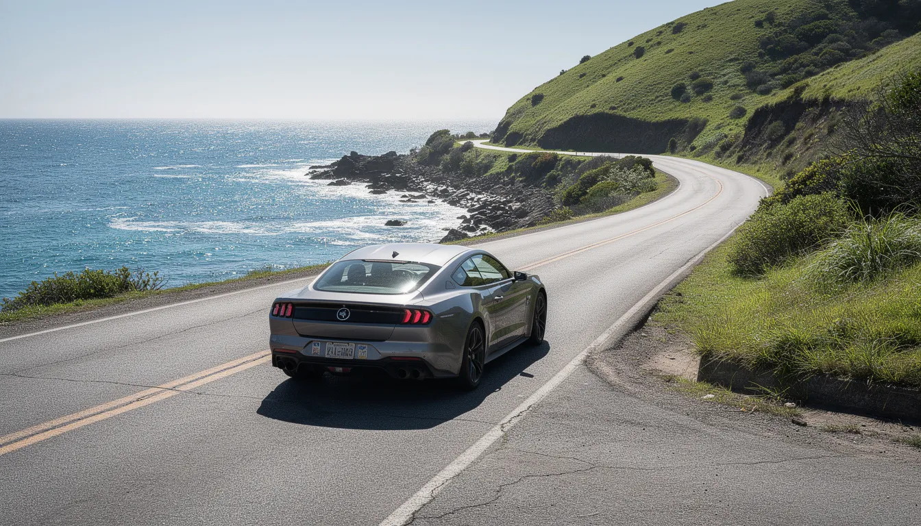 Une voiture de location circule sur une route côtière en Nouvelle-Zélande, avec l'océan scintillant en arrière-plan et des collines verdoyantes qui s'étendent à perte de vue. Ce paysage idyllique évoque l'idée d'un road trip mémorable à travers l'île du Nord.