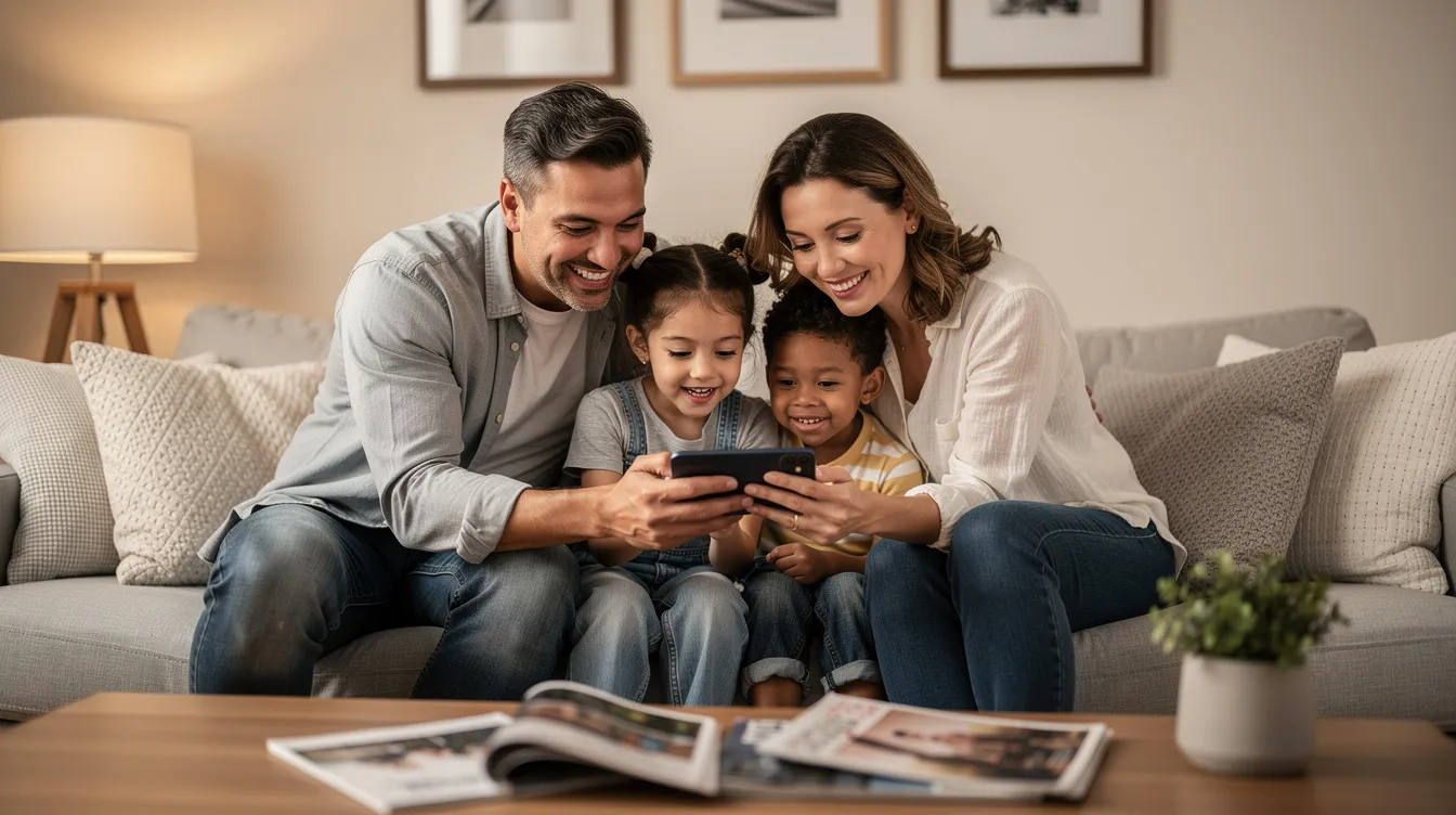 A joyful family is gathered in their home, looking at a smartphone screen together, likely discussing a method to send money online for international transfers. The scene captures a moment of connection and excitement as they explore options for remittances, highlighting the ease and security of using a mobile wallet.