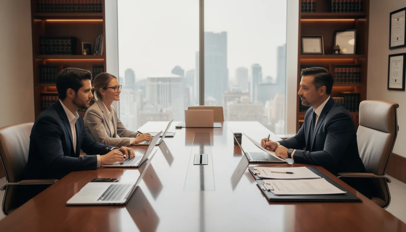The image depicts a professional business consultation taking place in a law office, where a team of attorneys is providing legal counsel to clients on various legal issues, including regulatory compliance and small business administration matters. The setting reflects a modern office environment, emphasizing the importance of legal services in navigating the complexities of business regulations and compliance.