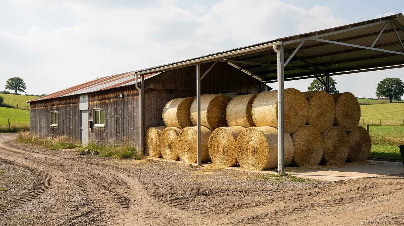 L'image montre un bâtiment d'élevage rural avec des balles de foin soigneusement stockées sous un auvent métallique, offrant une protection contre les intempéries. Ce type d'installation est essentiel pour l'exploitation agricole, notamment en ce qui concerne les exigences de sécurité et de défense extérieure contre l'incendie.