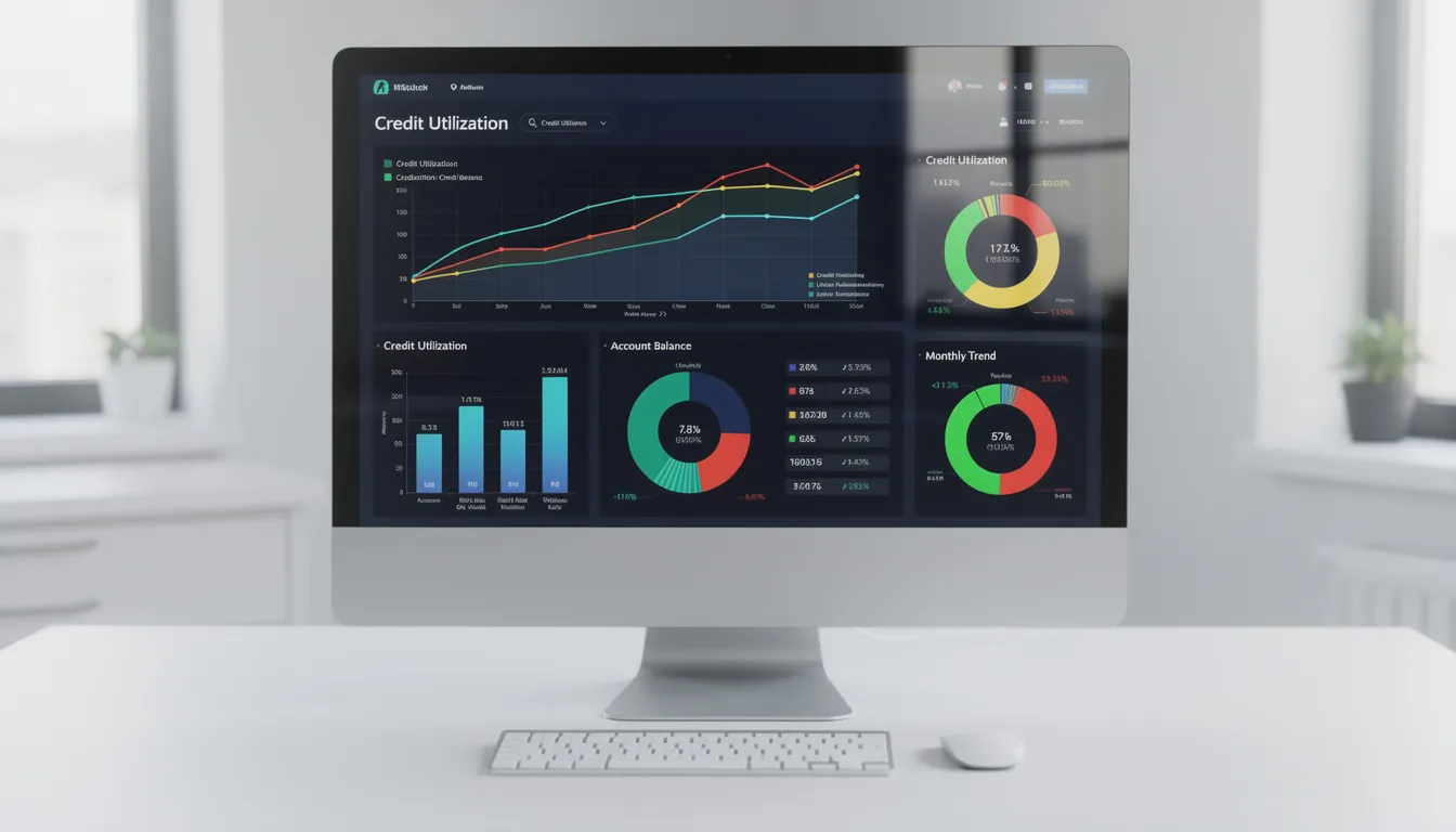 The image shows a financial dashboard on a computer monitor, featuring various credit metrics such as credit scores, debt utilization trends, and payment histories. This dashboard serves as a critical tool for borrowers and lenders to manage their finances effectively in a tough market, helping them identify strategies like the snowball or avalanche method for debt repayment.