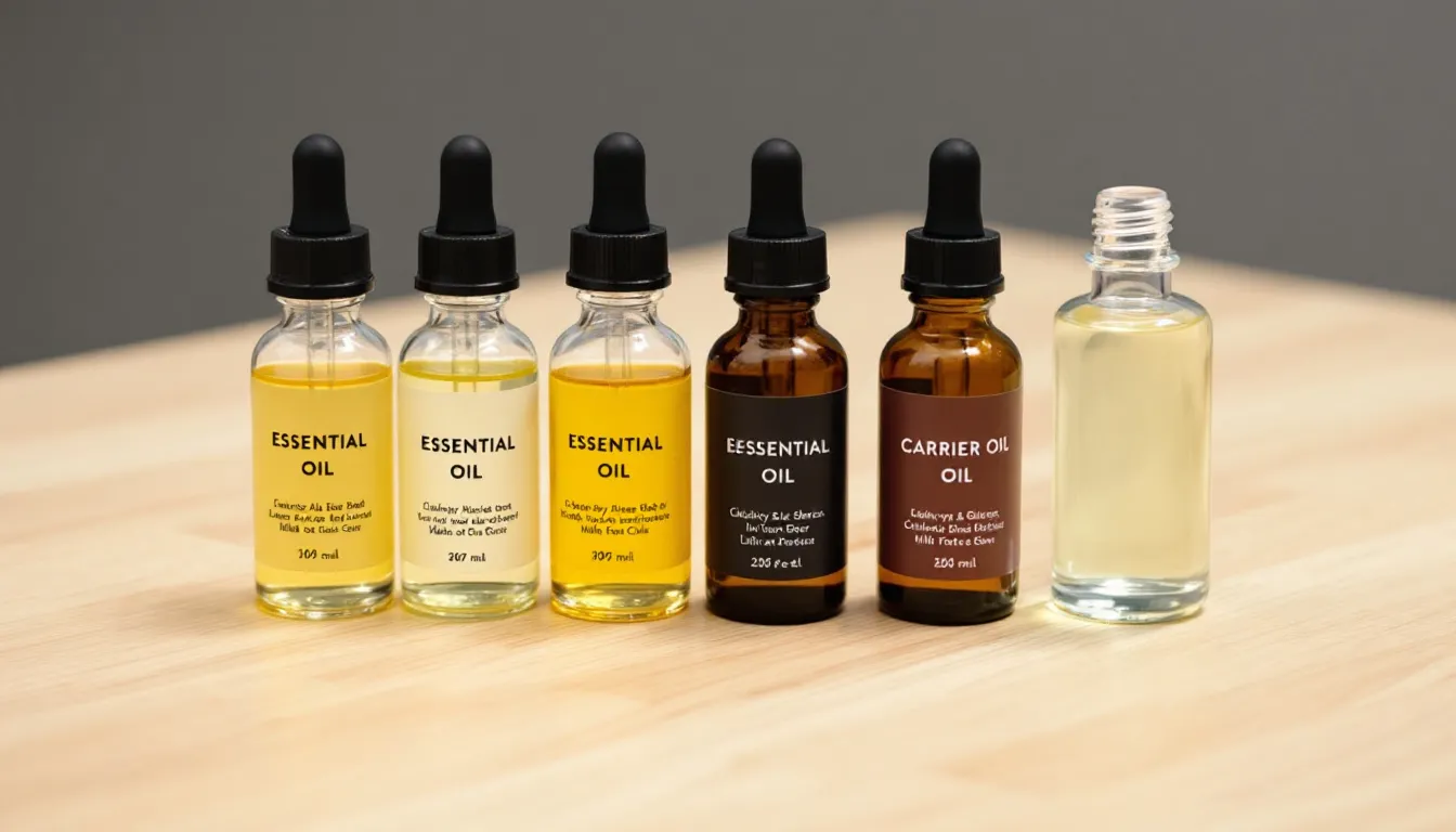 In the image, several bottles of essential oils with droppers are displayed alongside a bottle of carrier oil, showcasing natural remedies for treating sprains and alleviating pain in the affected area, such as a sprained ankle. The arrangement highlights the therapeutic properties of these oils, which can support joint health and reduce swelling.