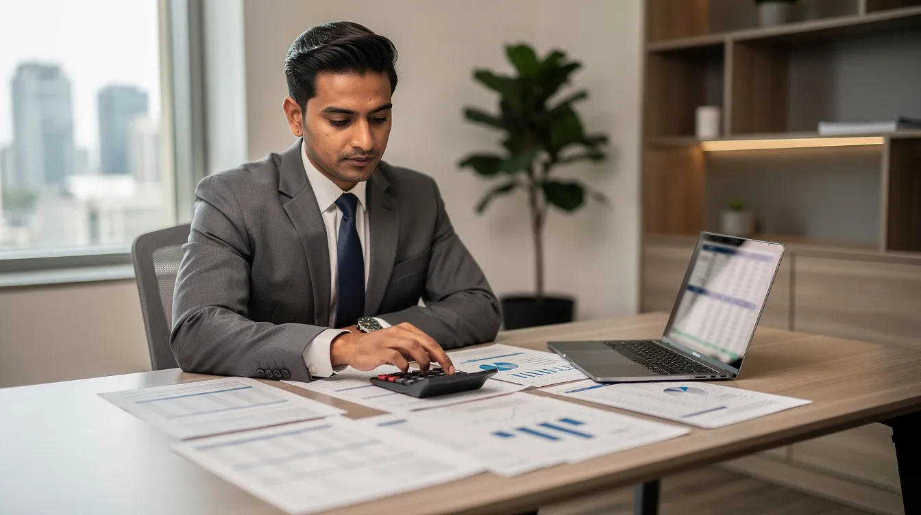 6759a47b 0931 4c47 9fe1 2a797dce2212 An Indian entrepreneur is seated at a desk, intently reviewing financial documents while using a calculator and laptop. The scene suggests a focus on the poha manufacturing business, highlighting the importance of financial planning and operational costs in the food processing industry.