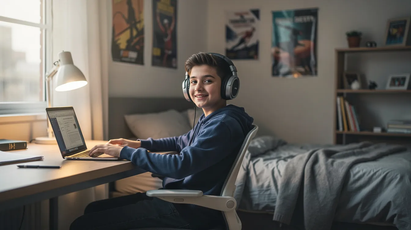 A relaxed teenager wearing headphones is seated at a desk in a well-lit bedroom, focused on a laptop, which suggests they may be engaging in online therapy sessions or virtual counseling. The environment reflects a comfortable space for mental health support, highlighting the importance of accessible mental health care options for young individuals.