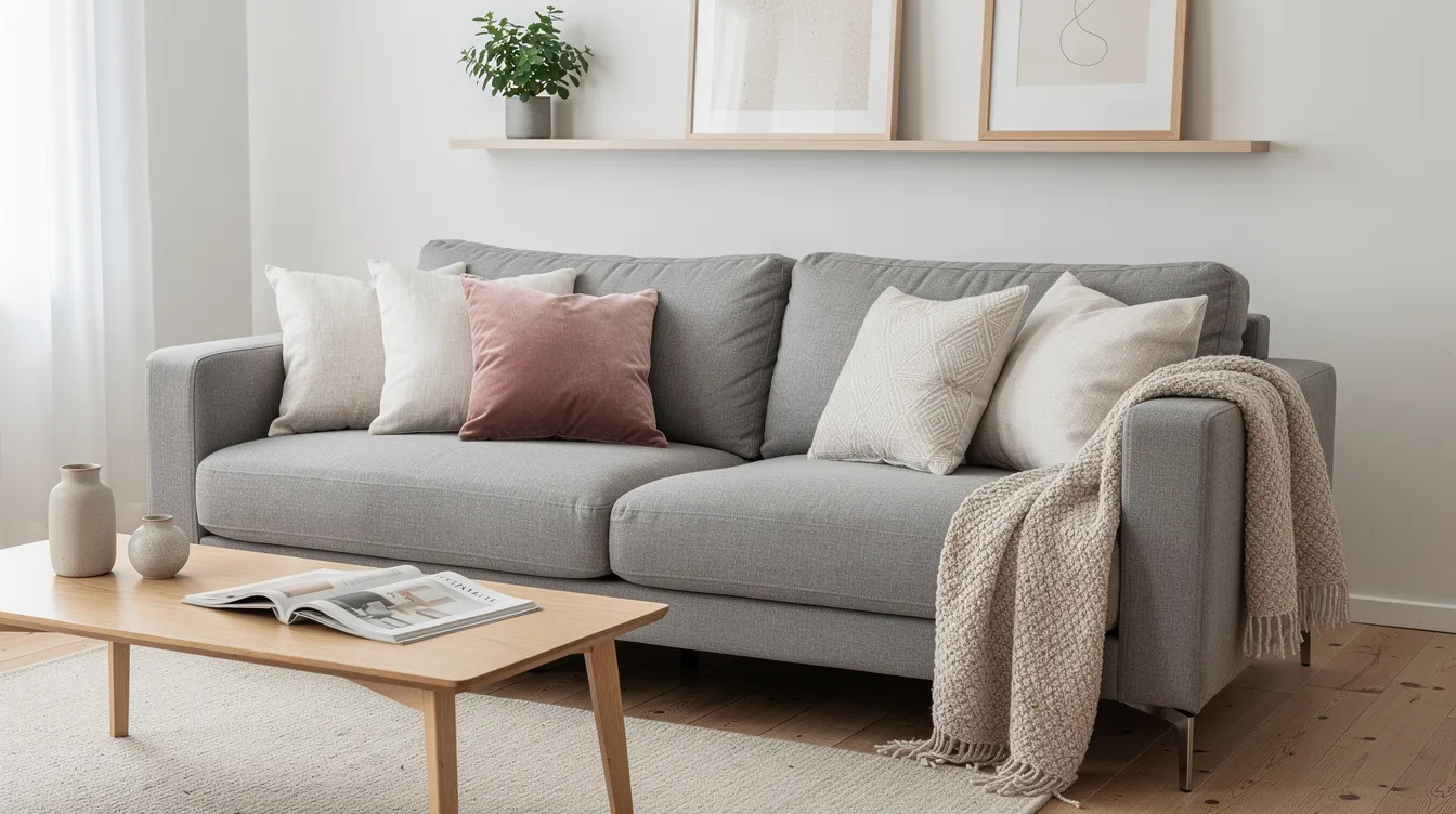 En grå soffa pryds av ett arrangemang av olika kuddar och kuddfodral i olika färger och mönster, inklusive både 50x50 cm och 40x60 cm storlekar. Kuddarna, i material som sammet och bomull, skapar en inbjudande atmosfär i vardagsrummet.